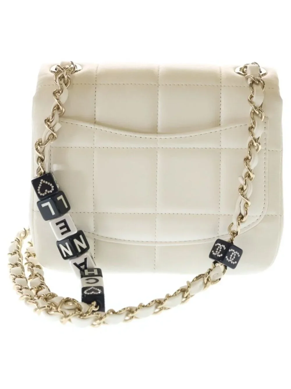 Chanel Choco Bar Mini Flap Lambskin Leather Chain Shoulder Bag Gold White